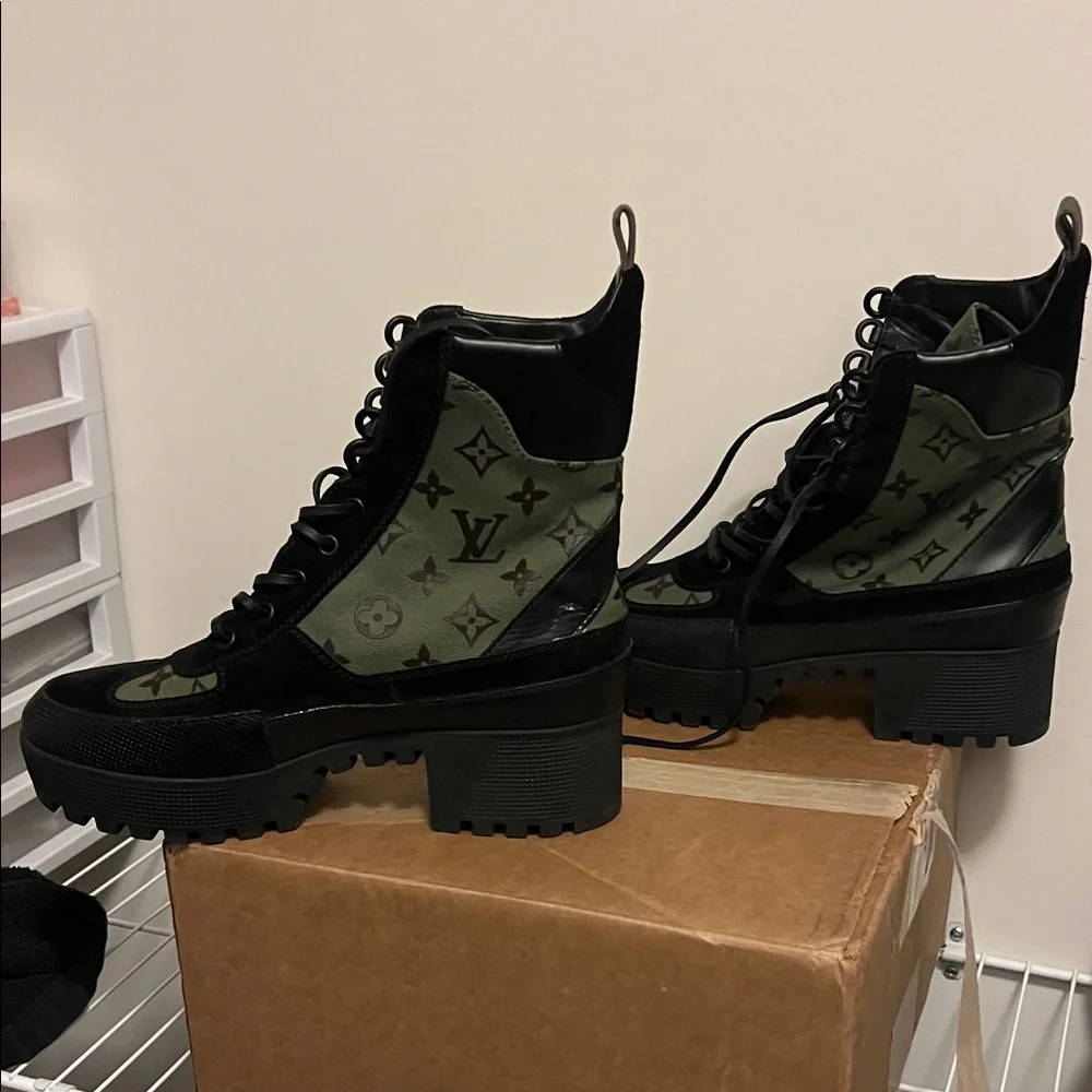 Louis Vuitton Black and Olive Combat Boots - Picture 3 of 7